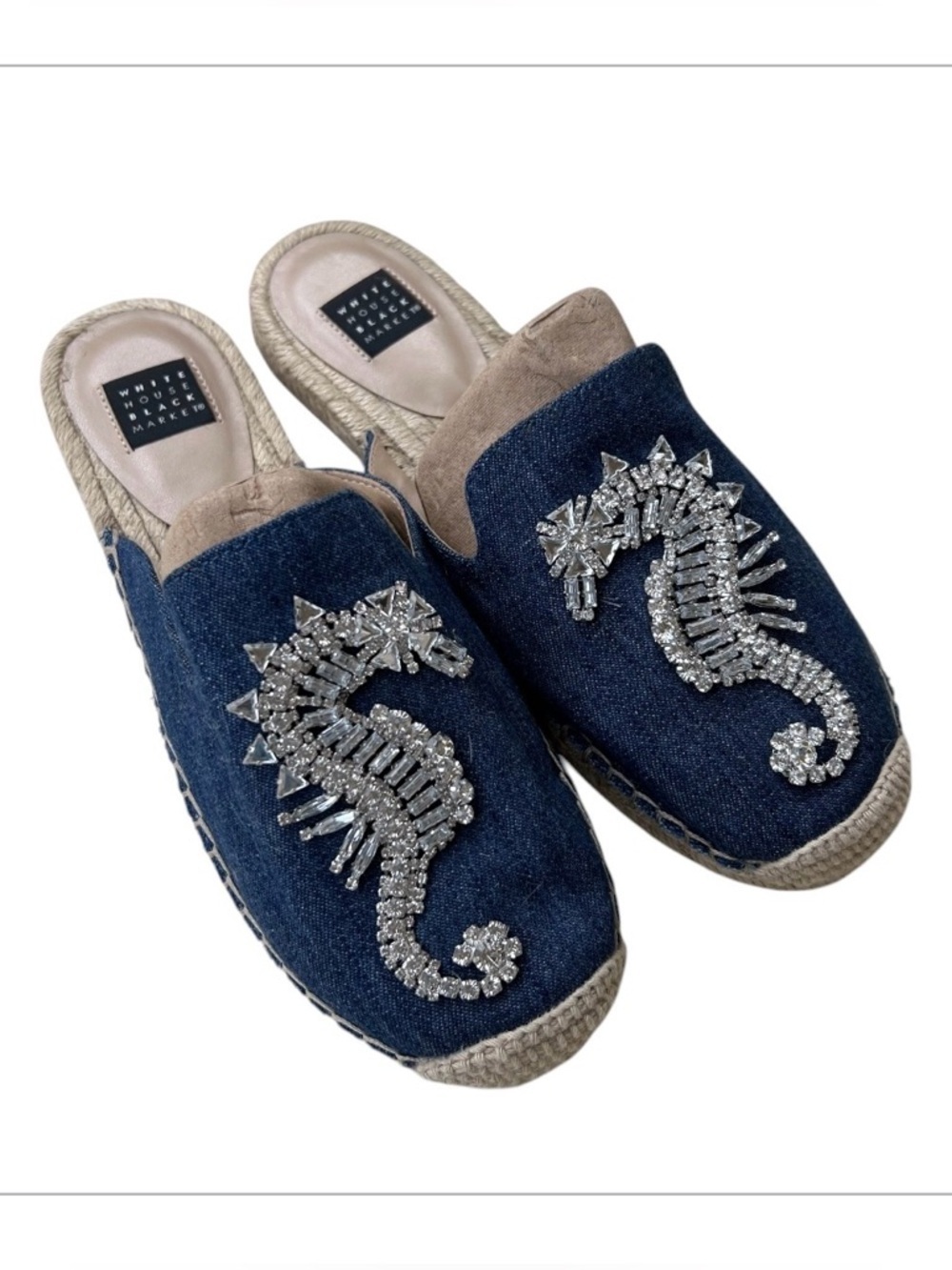 White House Black Market Navy Crystal Seahorse Espadrille Mules Women’s Size 6M